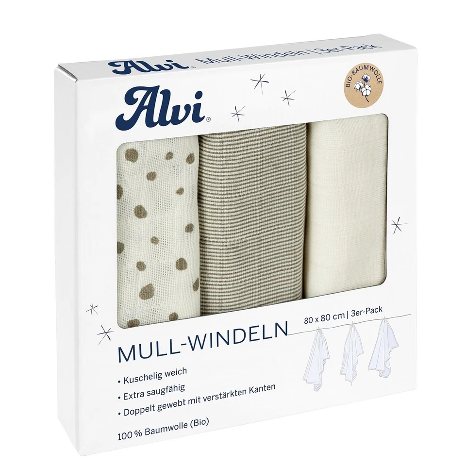 Alvi Mull-Windeln Aqua Dot 3er Pack Aqua Dot 80x80 cm TOP