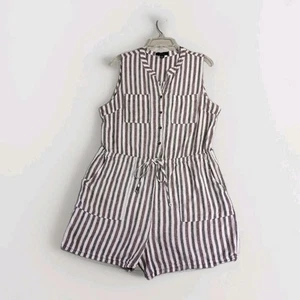 Linen Blend Romper Womens Sz XL Striped Pockets Shorts Summer Beachy Preppy - Picture 1 of 16