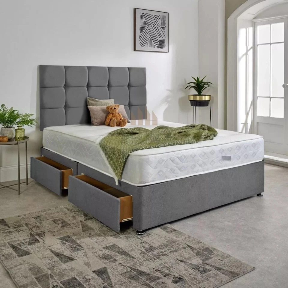 CHEAPBEDSALE PLUSH DIVAN BED SET WITH MEMORY MATTRESS AND HEADBOARD 3FT 4FT 4FT6 5FT 6FT