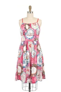 SAMPLE SALE FROCK SHOP S China Plates Printed Rayon Pink Gather Dress w Pockets - Picture 1 of 6