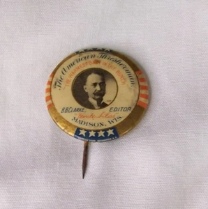 c1900 THE AMERICAN THRESHERMAN REVISTA PUBLICIDAD PINBACK INSIGNIA MADISON CON PIN - Imagen 1 de 2