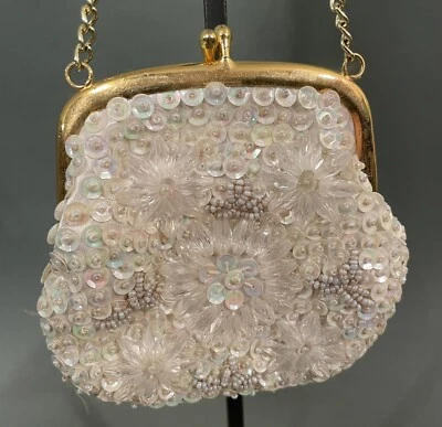 Винтажный кошелек для мелочи из слоновой кости с бисером блестками Гонконг - Изображение 1 из 4