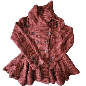 Free People Womens Jacket Size 2 Chevron Red Blue Patricia Peplum Tweed Buttons  - Picture 1 of 12