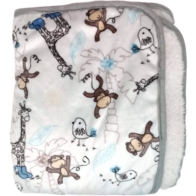 SL Home Fashions White Plush Monkey Bird Giraffe In Boots Baby Blanket RN 119741 - Image 1 of 4