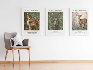 Set of 3 Vintage William Morris Deer Cotton Prints Exhibition Posters - Picture 1 of 9