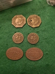 Torquay MidRohondda Northampton  Coop Co operative Tokens 1D & Bread Welsh Co Op - Picture 1 of 3
