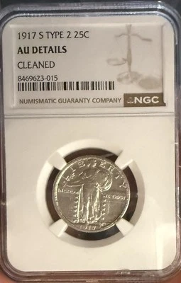 1917 _S Standing Liberty Quarter 25c Type 2 NGC AU Details Cleaned - Image 1 of 3