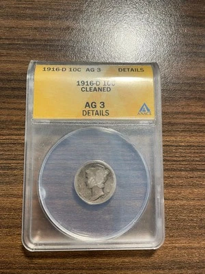 1916-D Mercury Silver Dime 10C ANACS Genuine Cleaned ALMOST GOOD DETAILS RARE - Image 1 of 4