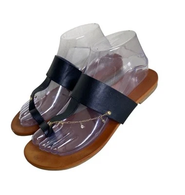 Jellypop Womens Black Leather Toe Loop Slide Sandals size 7 Gold Chain Detail - Image 1 of 4