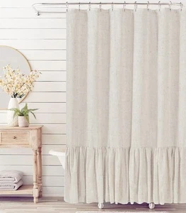 Beige Farmhouse Shower Curtain with A Ruffle Hem, Linen Blend Shower Curtain ... - Picture 1 of 6