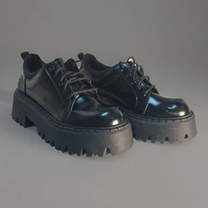 Zara Chunky Platform Oxfords Black Patent Faux Leather Shoes Lug Sole Sz 38 - Picture 1 of 11
