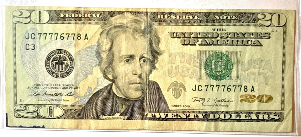 2009 Twenty Dollar Bill $20 Note Fancy 7's Serial Number (6) 7's Repeater - Image 1 of 4