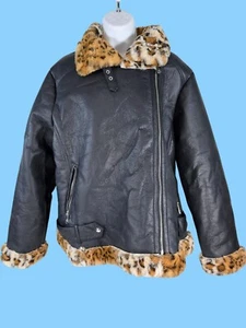 Sam Edelman Größe 1X schwarzes Kunstleder mit Leopardenfellimitatfutter Motorrad J - Bild 1 von 9