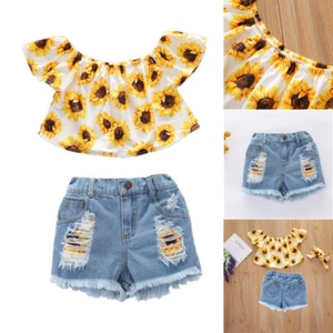 3PCS Toddler Kids Baby Girl Sunflower Crop Tops Denim Shorts Outfits Sunsuit Set - Picture 1 of 8