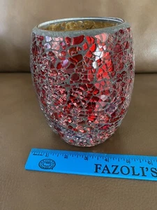 Red Mosaic Crackle Glass Vase ~ 6” X 4.5” ~ Home Decor - Picture 1 of 5