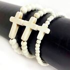 White Cross Christian Bracelet Handmade Beaded Howlite Turquoise Bead 7.5"