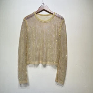 Chemisier femme résille strass diamant brillant haut chemise maille creuse fête rave - Photo 1/9