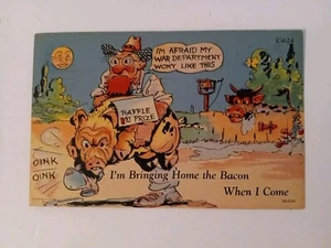 C.T. Rural Comics, Raffle Pig War Department, Curteich Mint Poscard, ca 1940 - Picture 1 of 2