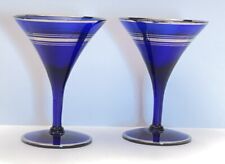 2 Art Deco Cobalt Blue With Silver Hand Blown Martini Glasses 4 1/2” Tall