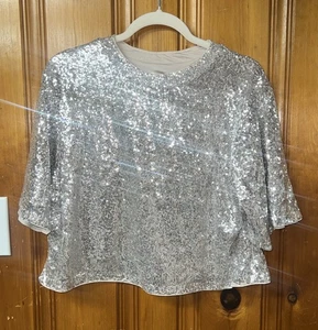 Crop top H&M paillettes oversize medio beige nuovo - Foto 1 di 3