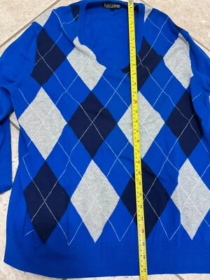 Express Cotton Wool Sweater Mens L Blues Gray White Diamond V-Neck - Image 1 of 4