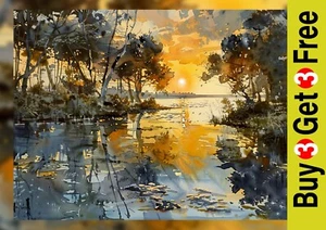 Golden Lake Sunset 5"x7" Print on Matte Paper | Tranquil Watercolor Lake Scene - Picture 1 of 17