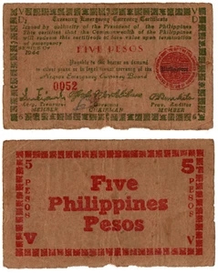1944 WW2 Philippines Province of Negros Currency 5 Peso S675 Low Serial #52 - Picture 1 of 4