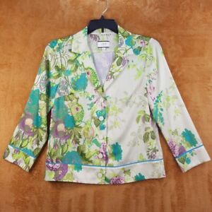 J CREW Womens Pajama Top Small Green Floral Button Up Satin Collared Sleep Shirt