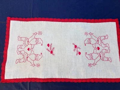 TABLE RUNNER LINEN with red lace  32"long and 17"wide  New  $ 128.00 - Image 1 of 4