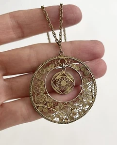 Antique Victorian Filagree Necklace Gold Tone Large Round Circle Medallion - Picture 1 of 6