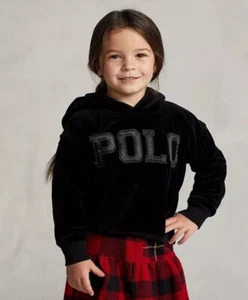 Polo Ralph Lauren Black Velour Pullover Hoodie Girls Small 7 - Picture 1 of 7