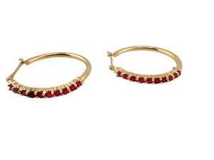 Ruby Hoop Earrings in 14K Yellow Gold, 1in, 2.85g, 15th Anniversary,July - Picture 1 of 14