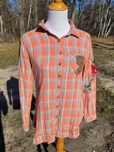 Aratta Silent Journey Top Womens Small Button Up Ellie Orange Plaid Floral Patch - Picture 1 of 8