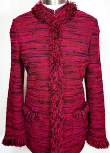 Unique St.John Long jacket black red multi with fringe and pockets NWOT size 14 - Picture 1 of 4