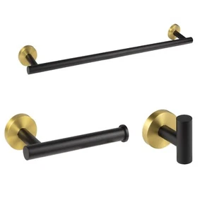 Bathroom Hardware Set Including Towel Bar Towel Ring and Towel Hooks Black Gold - Picture 1 of 6