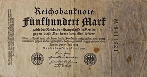 Reichsbanknote 500 Mark aus 1922 von der Reichsbankhauptkasse mit Geschenk dazu. - Bild 1 von 1