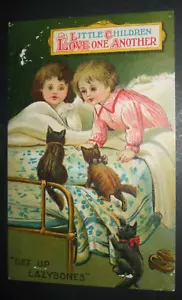 Old Comic CATS KITTENS CHILDREN LOVE ONE ANOTHER GET UP LAZYBONES CAT Humour - Foto 1 di 2