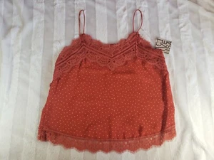 Active USA Cami Top Womens Burnt Orange Dots Size L Lace Trim Spaghetti Straps - Picture 1 of 11