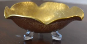 Vintage Gold Ruffle Glass Bowl With Gold Overlay Flowers Footed 6" D, 3"T - Picture 1 of 8
