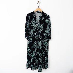 Roman Green Leaf Print Frill Hem Smock Dress Size 16 Midi Black Henley - Picture 1 of 14