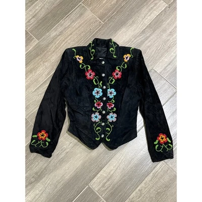 Chaqueta recortada vintage de gamuza con cuentas florales de los 80 para mujer Foto 1 de 4