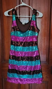 Vestido para mujer Wet Seal pequeño púrpura azul negro lentejuelas rayas fiesta mini camiseta sin mangas S - Imagen 1 de 6