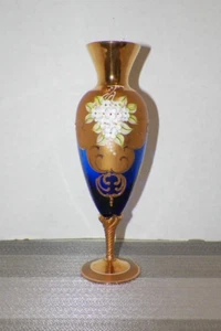 JARRÓN FLORES VINTAGE MURANO SAN MARCOS AZUL COBALTO Y DORADO PINTADO A MANO 10" - Imagen 1 de 9
