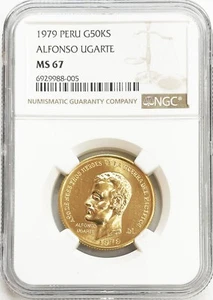 1979 GOLD PERU 50,000 SOLES ALFONSO UGARTE HEROES COIN NGC MINT STATE 67 - Picture 1 of 2