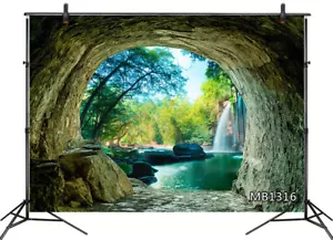 Fondo fotográfico de vinilo vista cueva bosque junto al lago cascada 10x8 pies - Imagen 1 de 10