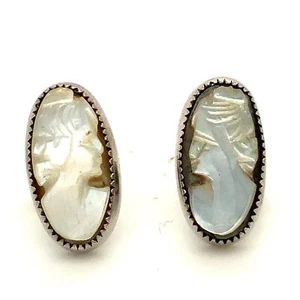 Vintage Sterling Handmade Victorian Female Lady MOP Cameo Post Stud Earrings - Picture 1 of 8