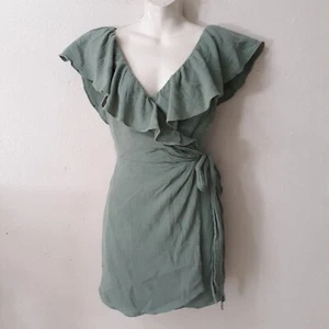 Free People Mini Dress Size S True Wrap With Ruffles Olive Green Sleeveless 5231 - Picture 1 of 12