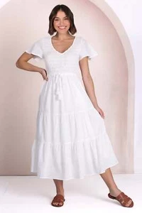 Alyse Midi Dress - Shirred Bodice Cap Sleeve Dress with Pull Tie Waist in White - Picture 1 of 10