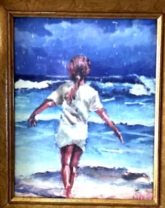 Peter Oneill Young Girl At Beach Franed Art Print Running to Waves Ocean w Bio - Picture 1 of 7