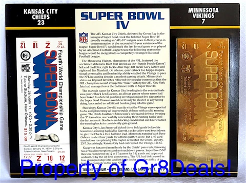 SUPER BOWL 4 CHIEFS / VIKINGS Official NFL 22 KT GOLD SB IV TICKET Willabee Ward Cover